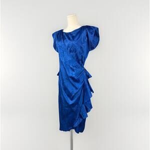 VTG 80s Printed Satin Cocktail Wrap Dress Size S Cobalt 90s Evening Party Peplum